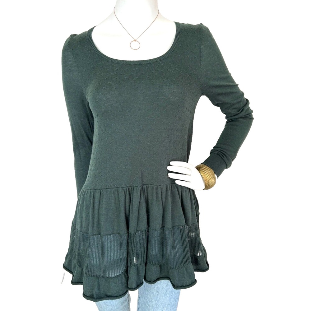 Knitted Knotted Anthropologie Tunic Sweater Small Green Silk Blnd Pointelle Knit